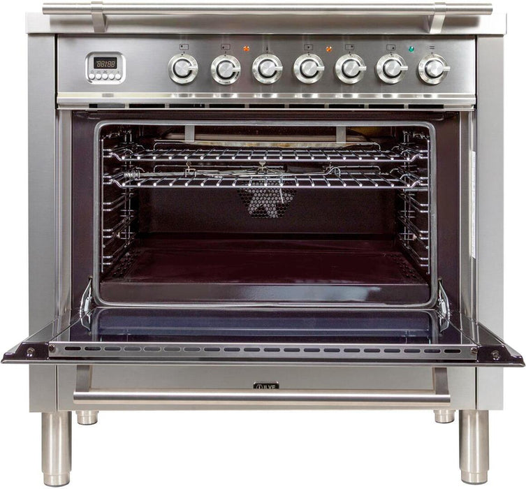 ILVE Professional Plus 36" Dual Fuel Liquid Propane Freestanding Range, Stainless Steel, Chrome Trim UPW90FDMPILP