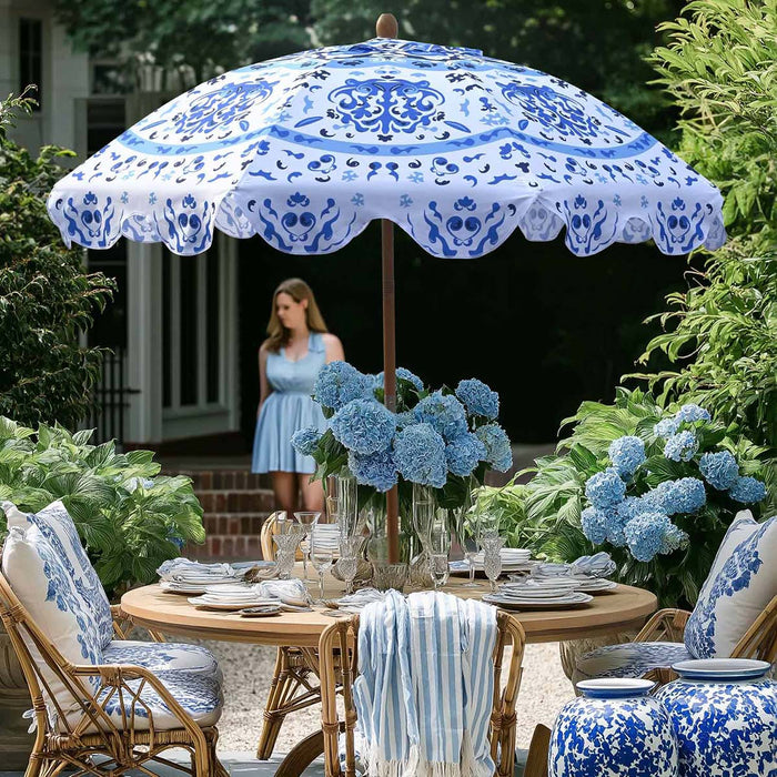 LAGarden 6ft Outdoor Patio Wood Market Umbrella Scalloped Edge 8-Rib