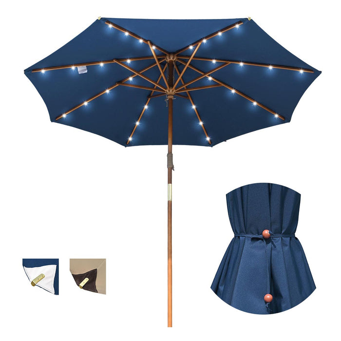 LAGarden 9ft Boho Patio Wood Market Umbrella with Lights