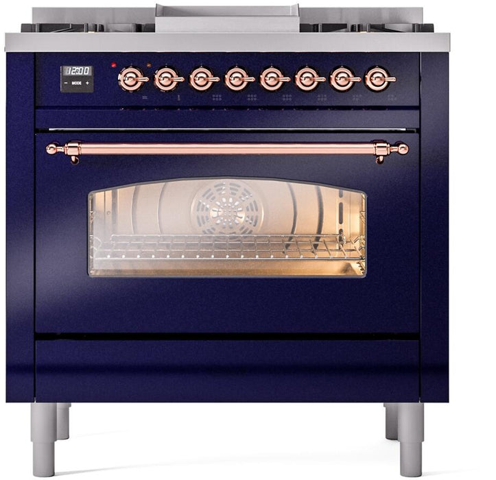 ILVE Nostalgie II 36" Dual Fuel Liquid Propane Range, Blue, Copper Trim UP36FNMPMBPLP