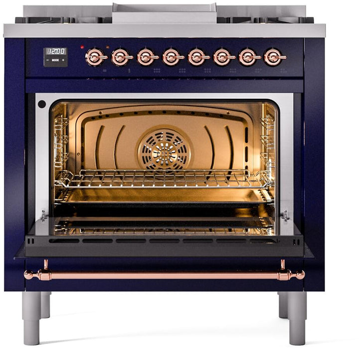 ILVE Nostalgie II 36" Dual Fuel Liquid Propane Range, Blue, Copper Trim UP36FNMPMBPLP