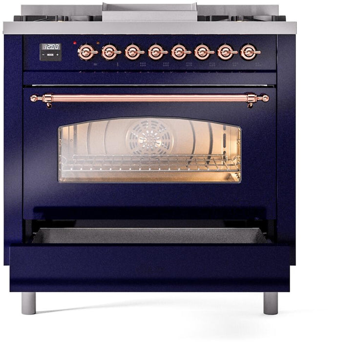 ILVE Nostalgie II 36" Dual Fuel Natural Gas Range, Blue, Copper Trim UP36FNMPMBP