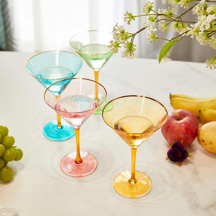Crystal Gold Rimmed Champagne, Martini, Cocktails Glasses - Set of 4