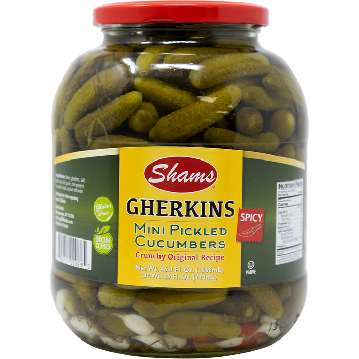 Spicy Mini Gherkin Pickles | 46.3 oz | Shams