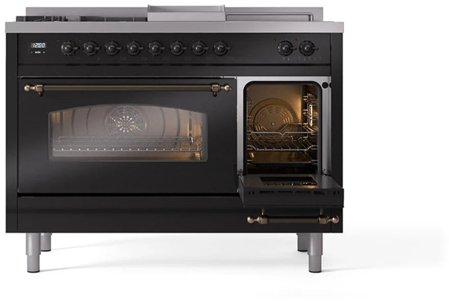 ILVE Nostalgie II 48"  Dual Fuel Natural Gas Range Glossy Black Bronze Trim UP48FSNMPBKB