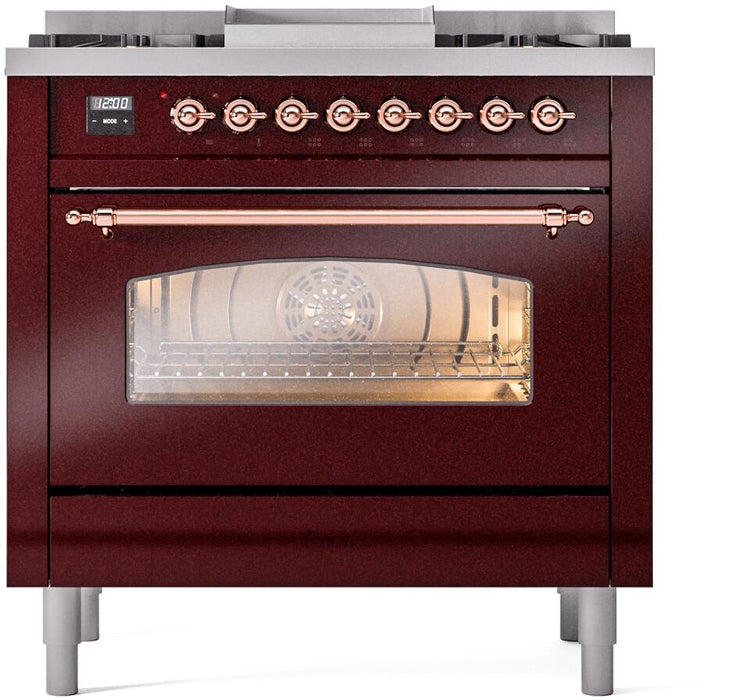 ILVE Nostalgie II 36" Dual Fuel Natural Gas Range, Burgundy, Copper Trim UP36FNMPBUP