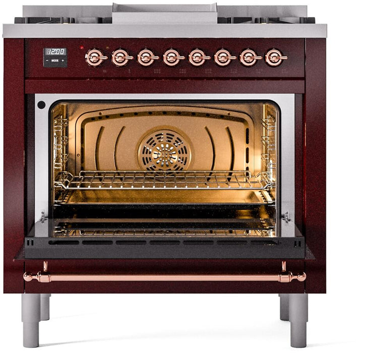 ILVE Nostalgie II 36" Dual Fuel Natural Gas Range, Burgundy, Copper Trim UP36FNMPBUP