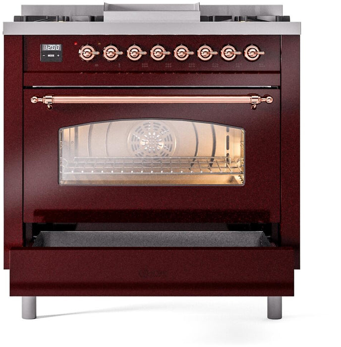 ILVE Nostalgie II 36" Dual Fuel Natural Gas Range, Burgundy, Copper Trim UP36FNMPBUP