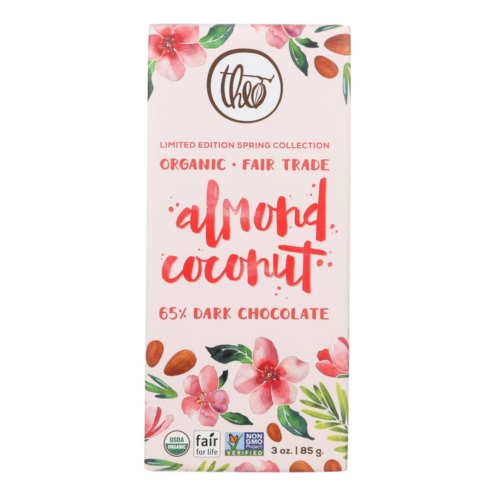 Theo Chocolate Almond Coconut - 65 Percent Dark Chocolate - Case Of 12 - 3 Oz.