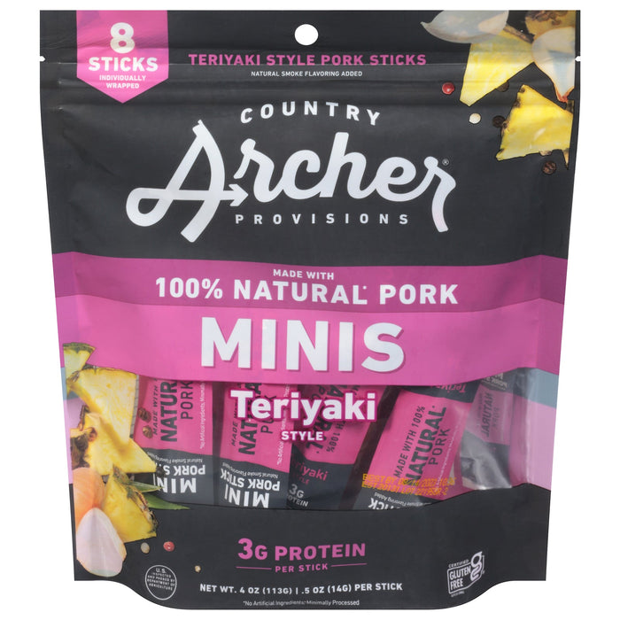 Country Archer Jrky Pork Mini Teri Sticks - Case of 10 - 4 Oz Each