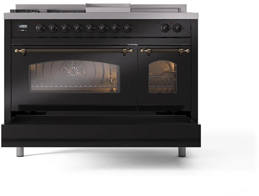 ILVE Nostalgie II 48"  Dual Fuel Natural Gas Range Glossy Black Bronze Trim UP48FSNMPBKB
