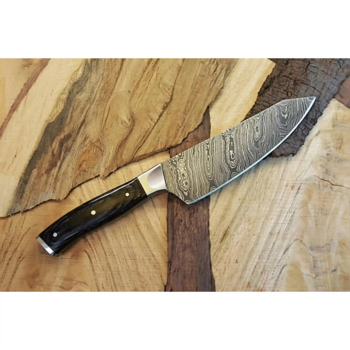12” Twisted Pattern Damascus Chef Knife with Black Pakka Wood Handle and Steel Bolster & Full Tang