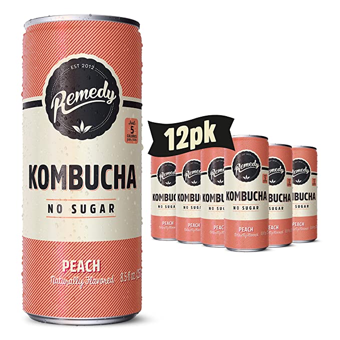 Remedy Kombucha - Fortified with Probiotics - Delicious Peach Flavor - 11 Fl Oz Cans - Pack of 12