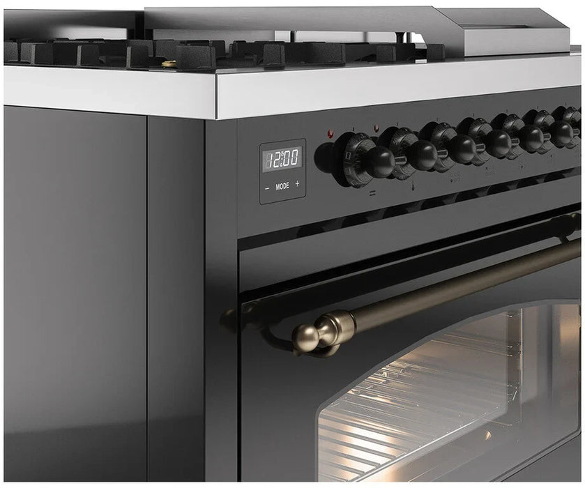 ILVE Nostalgie II 48"  Dual Fuel Natural Gas Range Glossy Black Bronze Trim UP48FSNMPBKB
