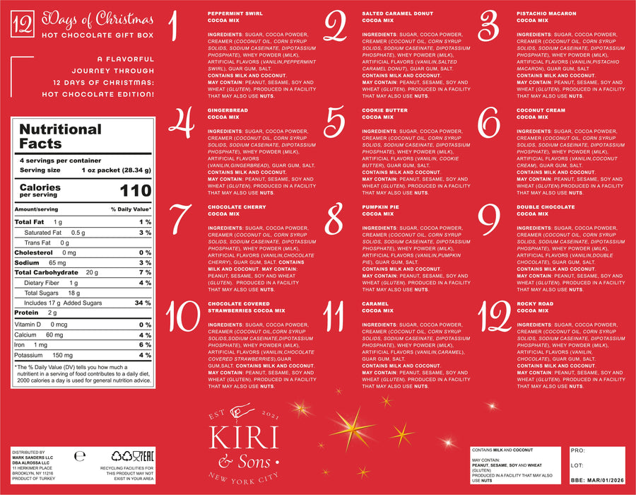 Kiri & Sons 12 Days of Christmas Hot Chocolate Gift Set, Gourmet Cocoa, Large Gift Set Delicious Holiday Flavors Gingerbread Including Rocky Road, Peppermint Swirl, Cookie Butter, Pumpkin Pie & More