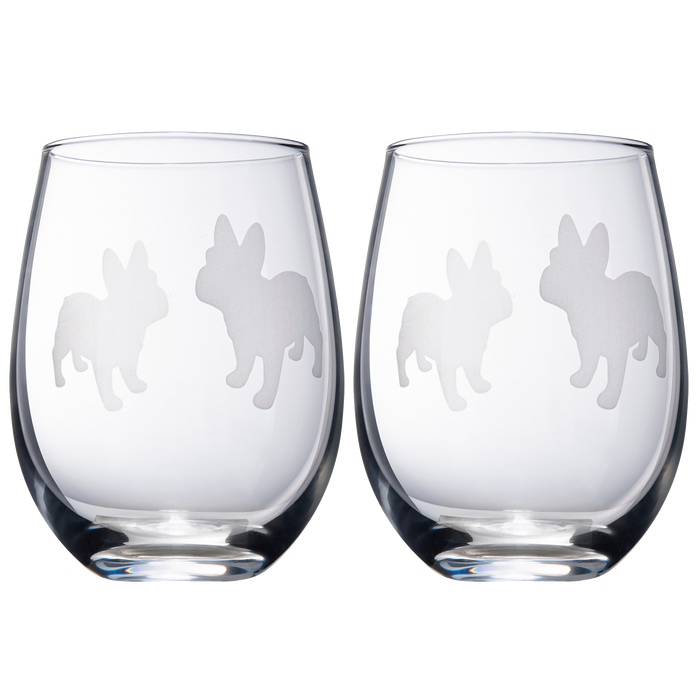 Set of 2 French Bulldog Dog Stemless Wine Glasses - French Bulldog Puppy & Doggy Lover for Him & Her - Dogs Silhouette - Glass Gifts Etched Tumblers for Anniversary, Wedding, Home Bar Gifts