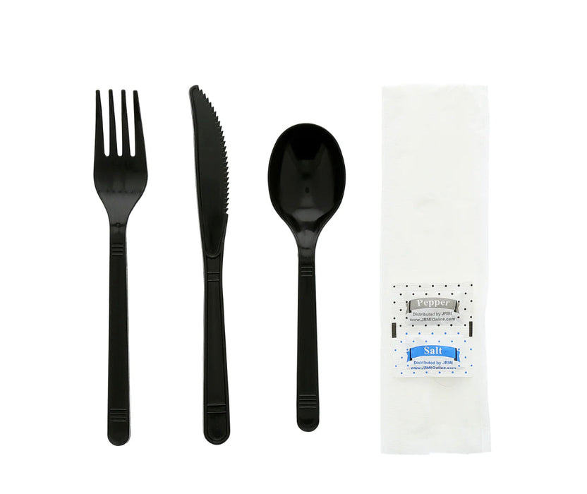 Cutlery Kit, PP, 6 Piece Black Medium Heavy Weight (F,K,SS,Nap,S&P), 250 Kits