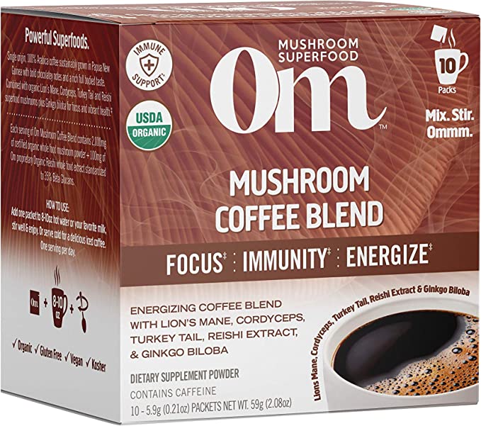 Om Mushroom Superfood Coffee Blend Mushroom Powder, Single Serve, 10 Count