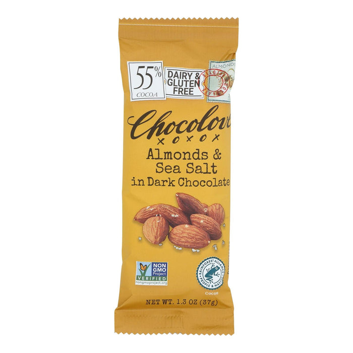 Chocolove Xoxox Premium Dark Chocolate Bar with Almonds & Sea Salt - 1.3 Oz Single Bars (Case of 12)
