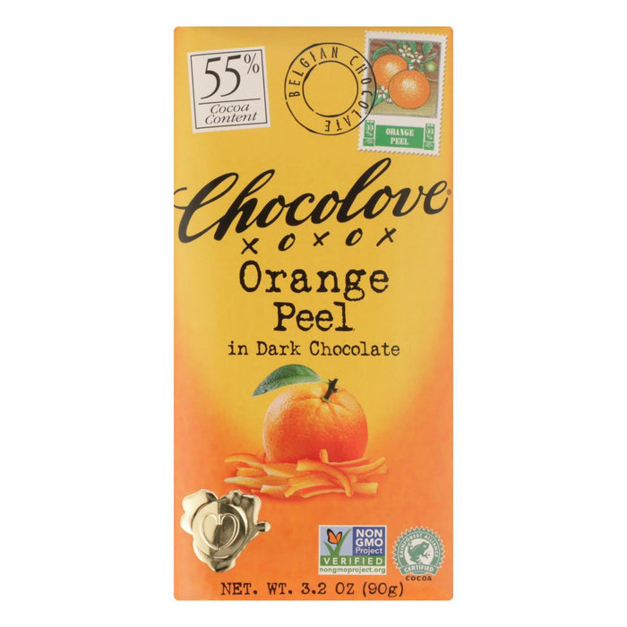 Chocolove XOXOX Dark Chocolate Bar with Orange Peel -12x 3.2 Oz