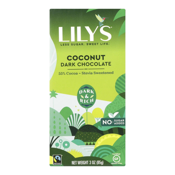 Lily's Sweets Dark Chocolate Bar: 55% Cocoa, Coconut - 3 Oz Bars (Pack of 12)