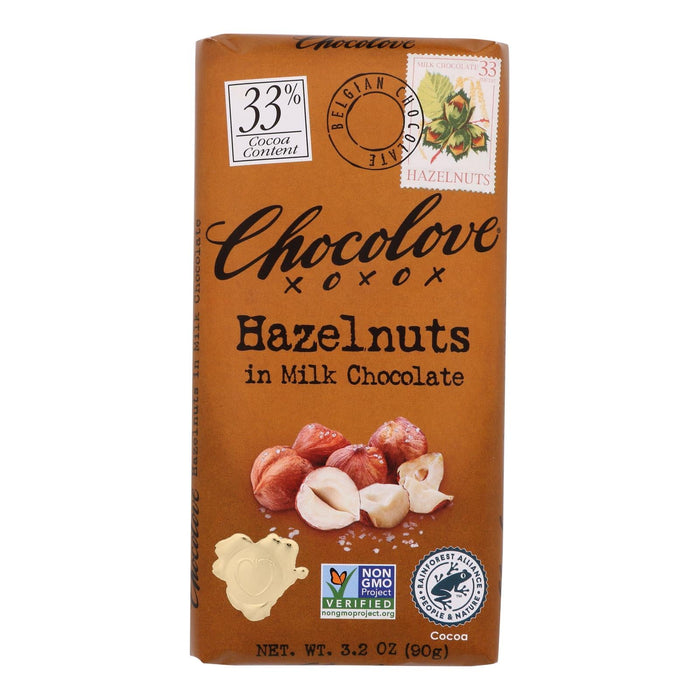 Chocolove Xoxox Premium Milk Chocolate Bar with Roasted Hazelnuts - 3.2 Oz (12 Pack)