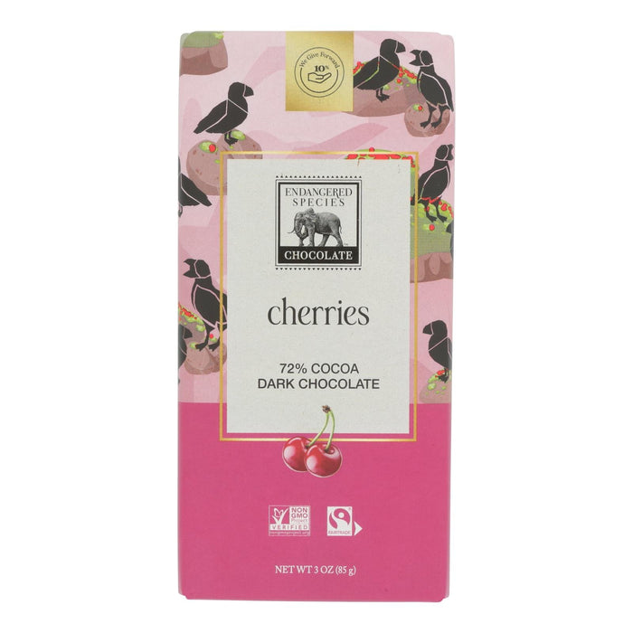 Endangered Species Dark Chocolate Bar, 72% Cocoa, Natural, With Cherries, 3oz Bar (12 Pack)
