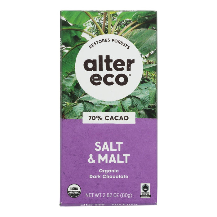 Alter Eco Organic Dark Salt & Malt Chocolate Bar - 2.82 Oz, Case of 12