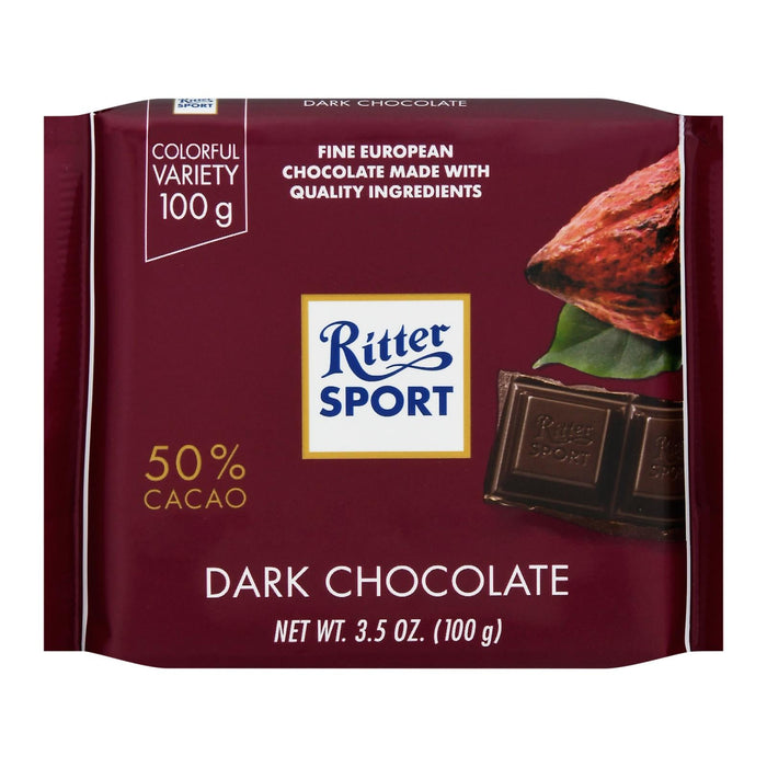 Ritter Sport Dark Chocolate Bar - 50% Cocoa - 3.5 Oz Bar - Case of 12