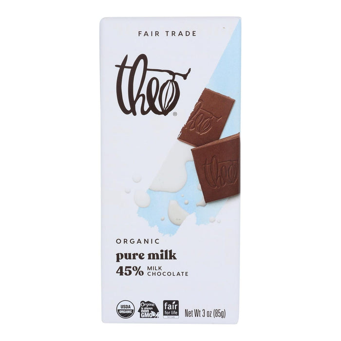 Theo Organic Classic Milk Chocolate Bar, 45% Cacao - 3 Oz Bar x 12