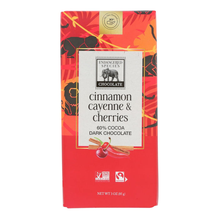 Endangered Species 3 Oz Dark Chocolate Cinnamon Cayenne & Cherries - 60% Cocoa, 12 Bars