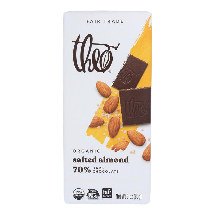 Theo Organic Dark Chocolate Bar - Classic - 70% Cacao - Salted Almond - 3 Oz Bar - Case of 12