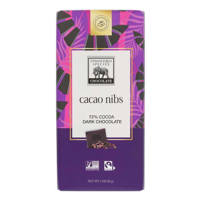 Endangered Species 72% Dark Chocolate Bars with Cacao Nibs - 3 Oz Bars (Pack of 12)