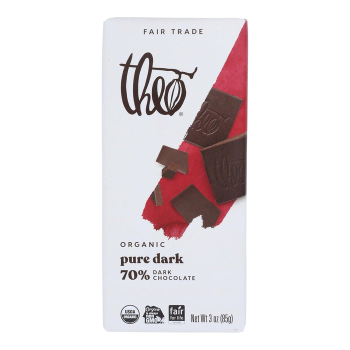 Theo Chocolate Organic Classic Dark Chocolate Bar, 70% Cacao, 3 Oz, Case of 12