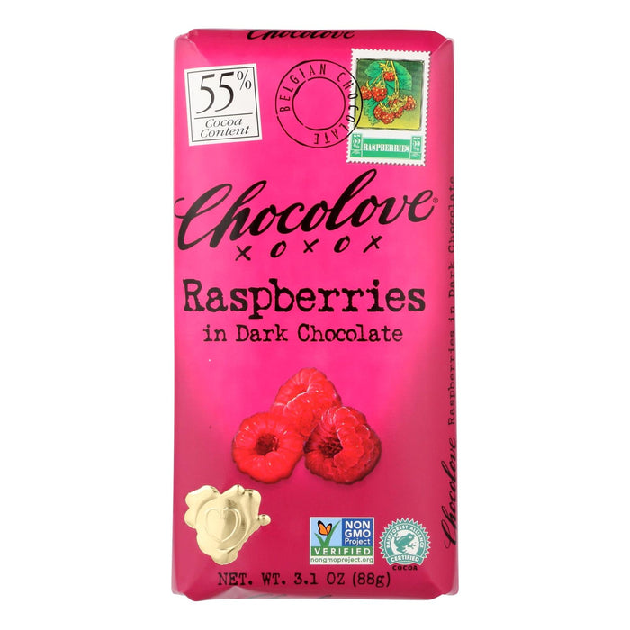 Chocolove XOXOX: Premium Dark Chocolate Bars with Raspberries, 3.1 Oz (Case of 12)