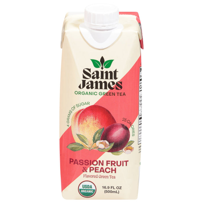 Saint James Organic Passionfruit Peach Green Tea - Case of 12 - 16.9 fl oz Bottles