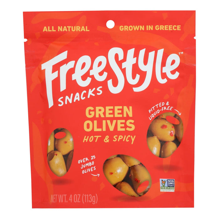 Freestyle Snacking Olives Green Hot & Spicy | Heat Up Your Snack Time | 4 Ounce (Case of 6)