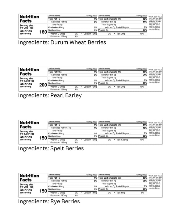 Grain Variety Bundle | Durum, Pearl Barley, Rye and Spelt Berries | 16 lbs (4-4 lb bags)