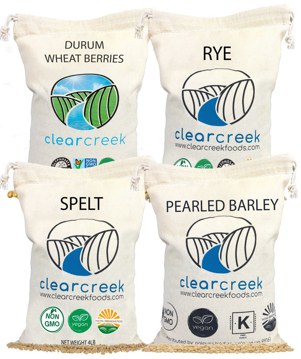 Grain Variety Bundle | Durum, Pearl Barley, Rye and Spelt Berries | 16 lbs (4-4 lb bags)