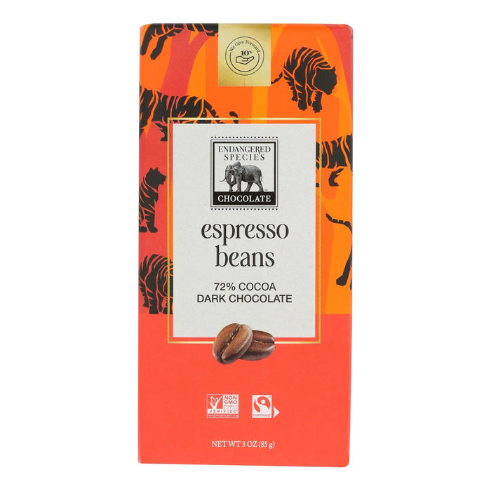 Endangered Species Natural Chocolate Bars - 72% Dark Chocolate with Espresso Beans - 3 Oz Bars - Case of 12