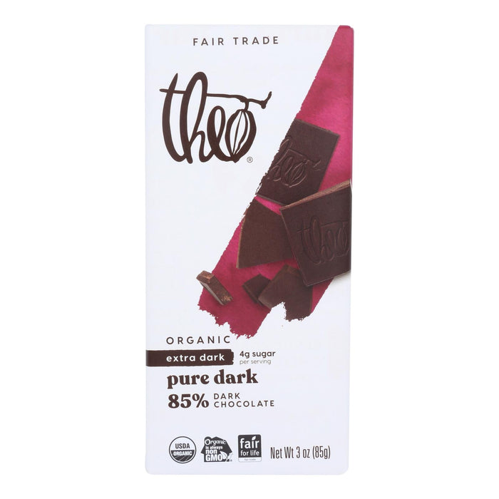 Theo Chocolate Organic Classic Dark Chocolate Bar - 85% Cacao - Pure - 3 Oz - Case of 12 Bars