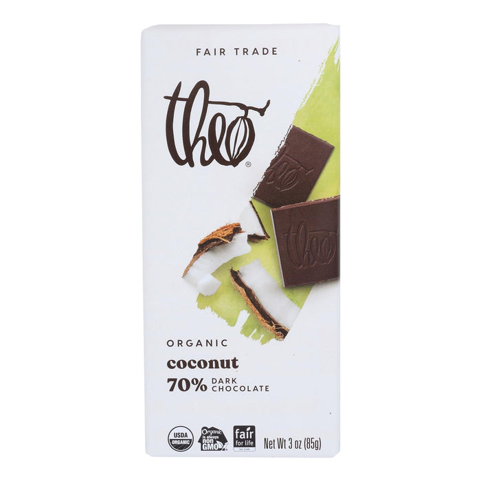 Theo Chocolate Organic Dark Chocolate Bar - 70% Cacao - Coconut - 3oz Bars - Case of 12 (Pack of 12)