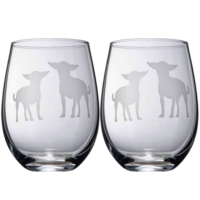 Set of 2 Chihuahua Dog Stemless Wine Glasses - Chihuahueño Puppy & Doggy Lover for Him & Her - Dogs Silhouette - Glass Gifts Etched Tumblers for Anniversary, Wedding, Home Bar Gifts