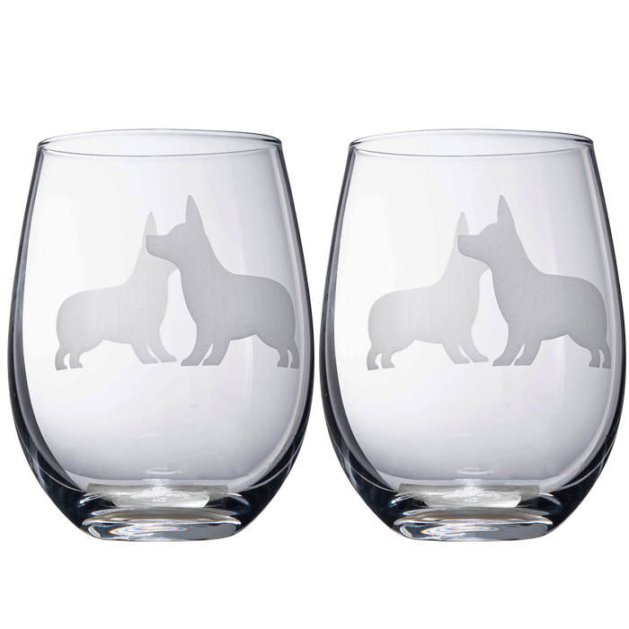 Stemless Wine Glasses Set of 2 by The Wine Savant - Puppy & Dog Lover Glass Gifts Etched Tumblers for Anniversary, Wedding, Home Bar Gifts (Corgi)