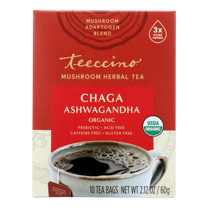 Teeccino Mush Tea, Chaga Ashwagandha Mind Boost, Case of 6, 10 Bags Per Box