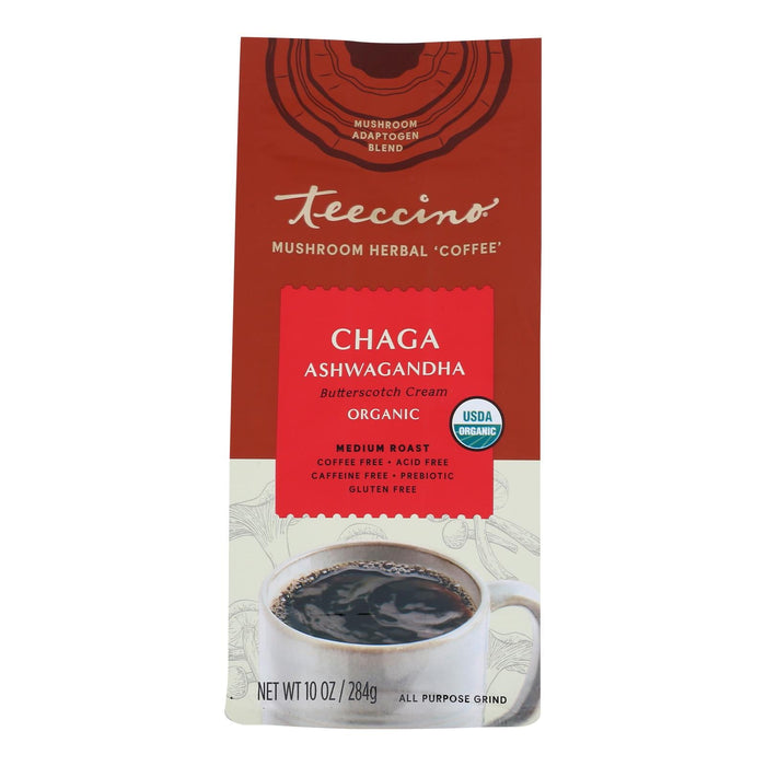 Teeccino Chaga Ashwagandha Superfood Mushroom Coffee, 6-Pack of 10 Oz Bags