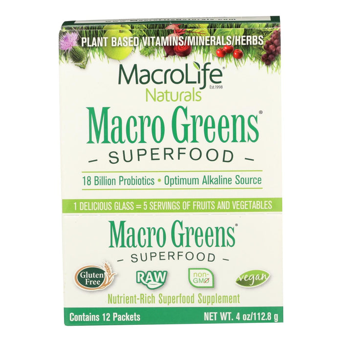 Macrolife Naturals Macro Greens - Superfood Powder Packets, 12 x 4 oz - Vegan Gluten-Free Cleanse