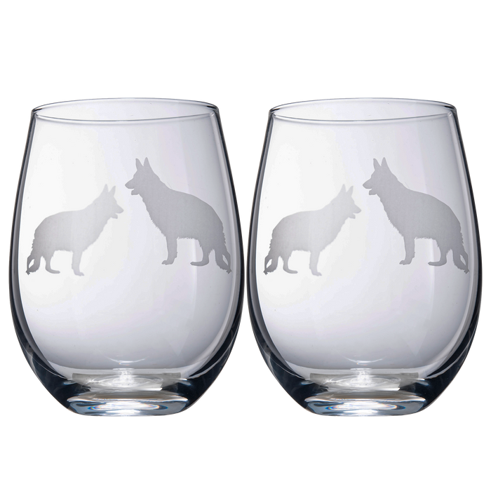 Set of 2 Dog Stemless German Shepherd Wine Glasses by The Wine Savant - Puppy & Doggy Lover for Him and Her Dogs Silhouette - Glass Gifts Etched Tumblers for Anniversary, Wedding, Home Bar Gifts