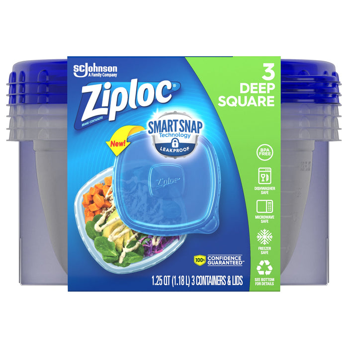 Ziploc - Medium Square Containers 1.25 Qt, 3 ct (Pack of 6) - Leakproof Food Storage