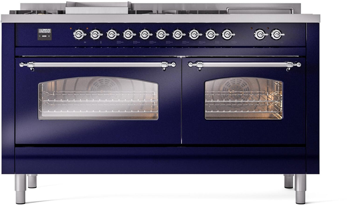 ILVE Nostalgie II 60" Dual Fuel Liquid Propane Range, Blue, Chrome Trim UP60FSNMPMBCLP